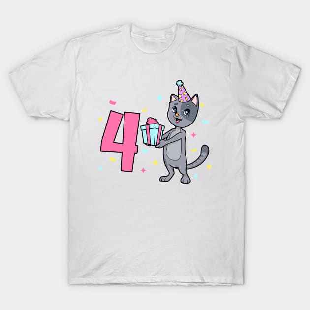 I am 4 with cat - girl birthday 4 years old T-Shirt by Modern Medieval Design